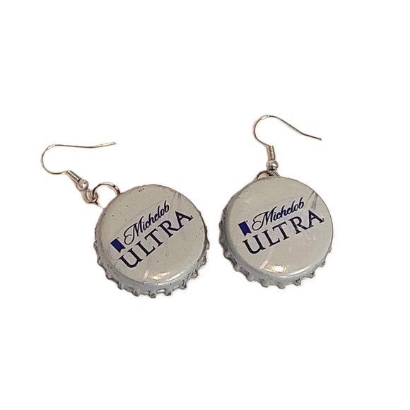 Silver Tone Michelob Ultra Silver Bottle Top Boho Drop Dangle Hook Earrings - Picture 2 of 6